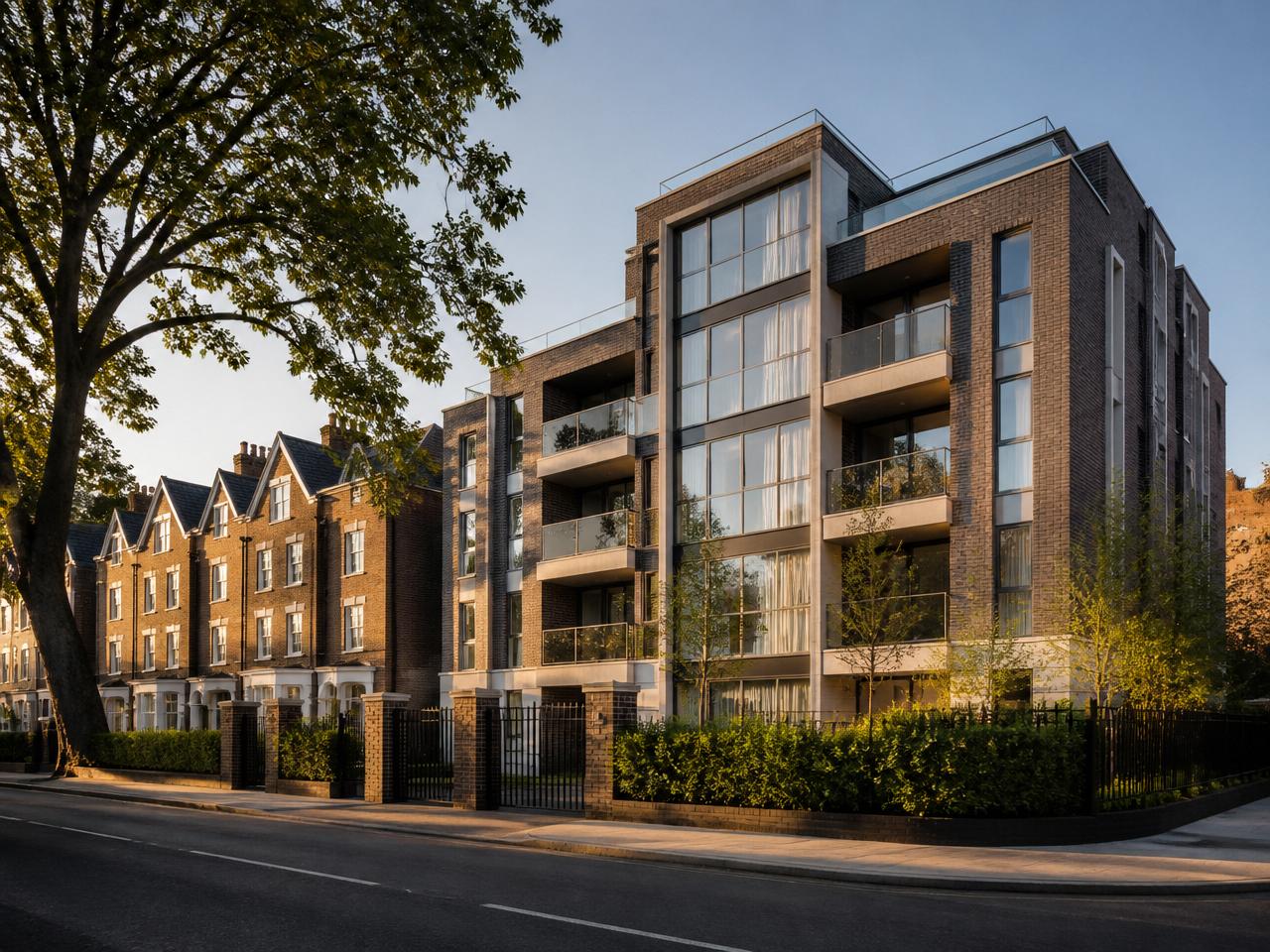 Modern UK residential apartment building and townhouses on a quiet street
